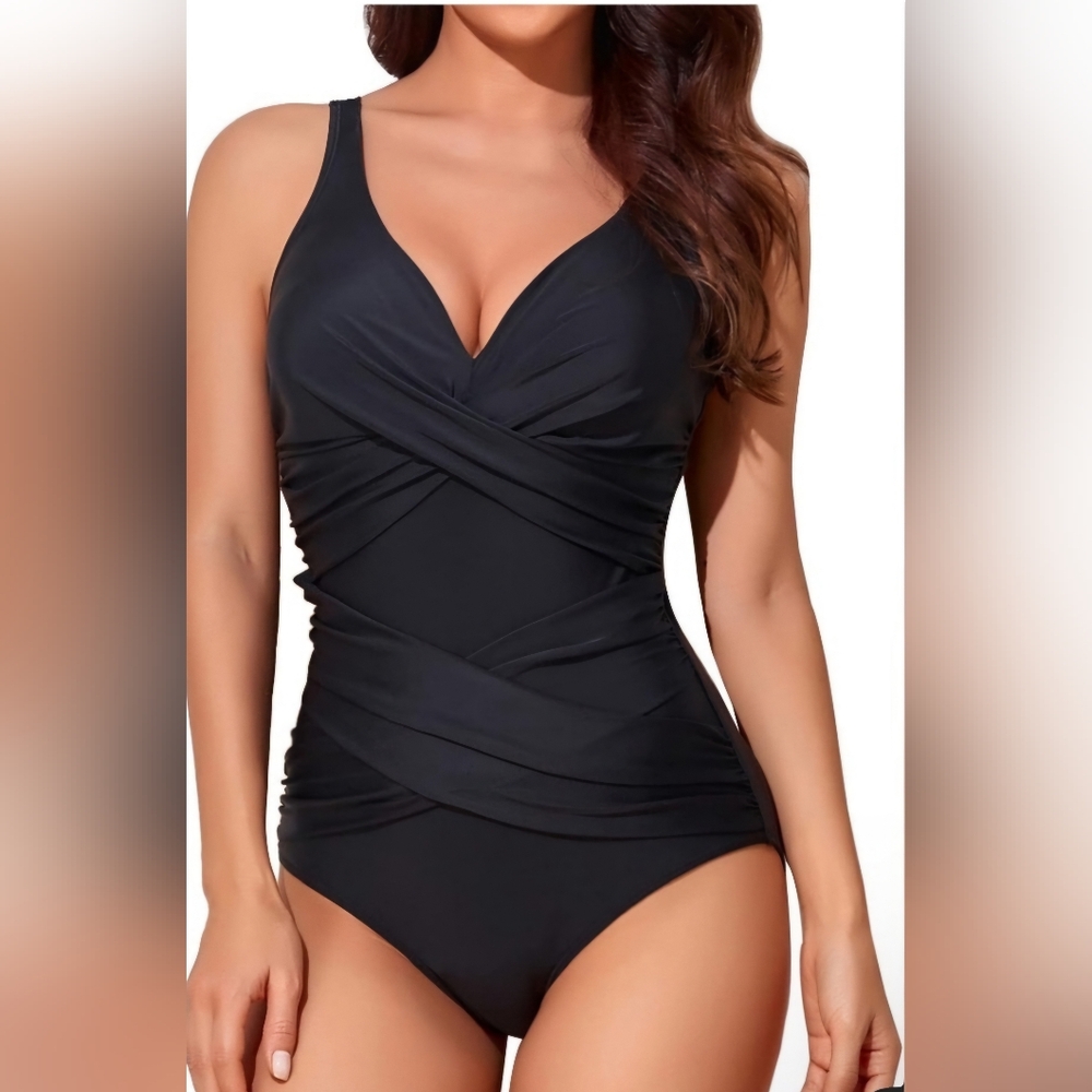 Smismivo Tummy Control Black Swimwear One Piece Swimsuit Slimming Bathing Suit L